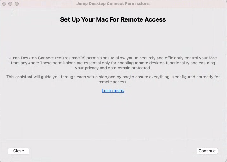 Jump Desktop Connect Permissions assistant showing Set Up Your Mac For Remote Access