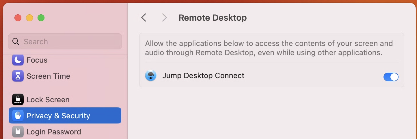Privacy & Security Remote Desktop settings with Jump Desktop Connect turned on