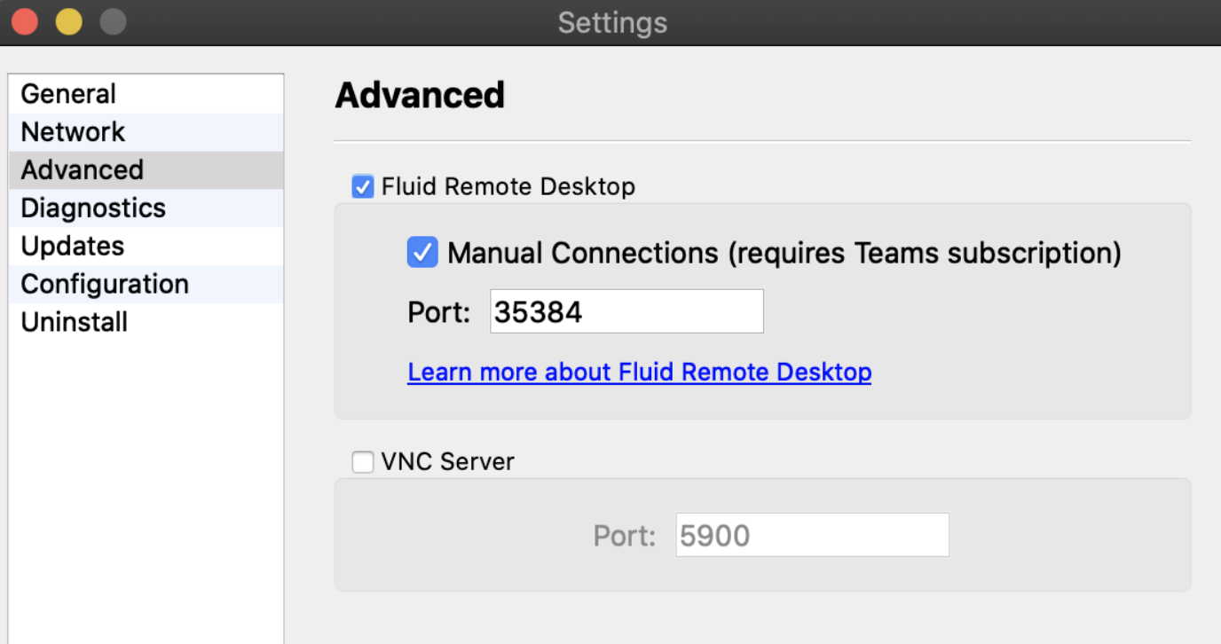 Jump Desktop Connect Advanced settings with Fluid Remote Desktop, Manual Connections, and Port selected