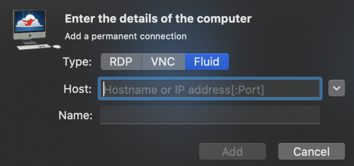 Add New dialog in Jump Desktop for macOS with the Fluid type selected