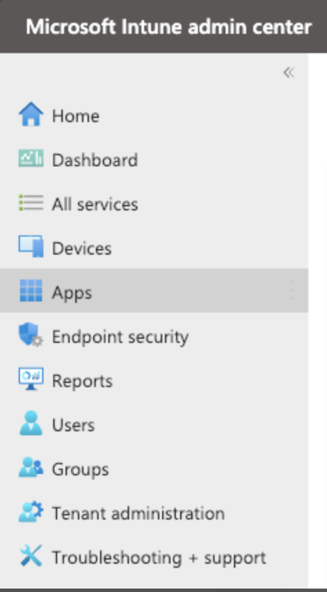 Microsoft Intune admin center navigation with Apps selected