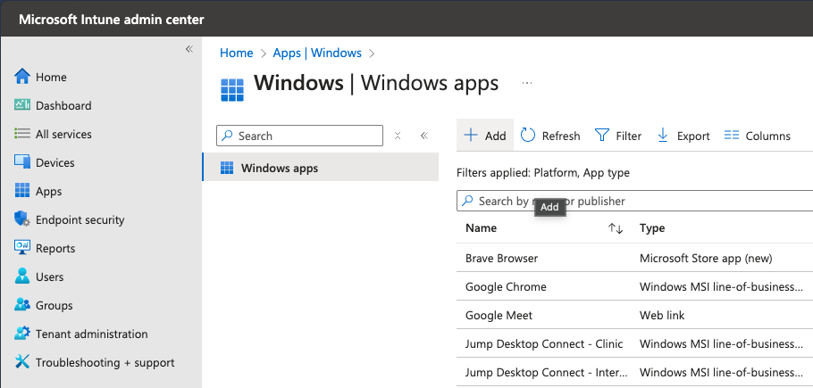 Windows apps list in the Intune admin center with the Add button