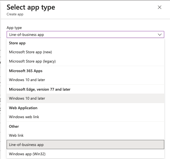 Select app type list with Line-of-business app selected