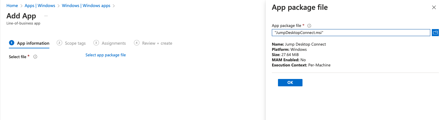 App package file pane with JumpDesktopConnect.msi selected and the OK button