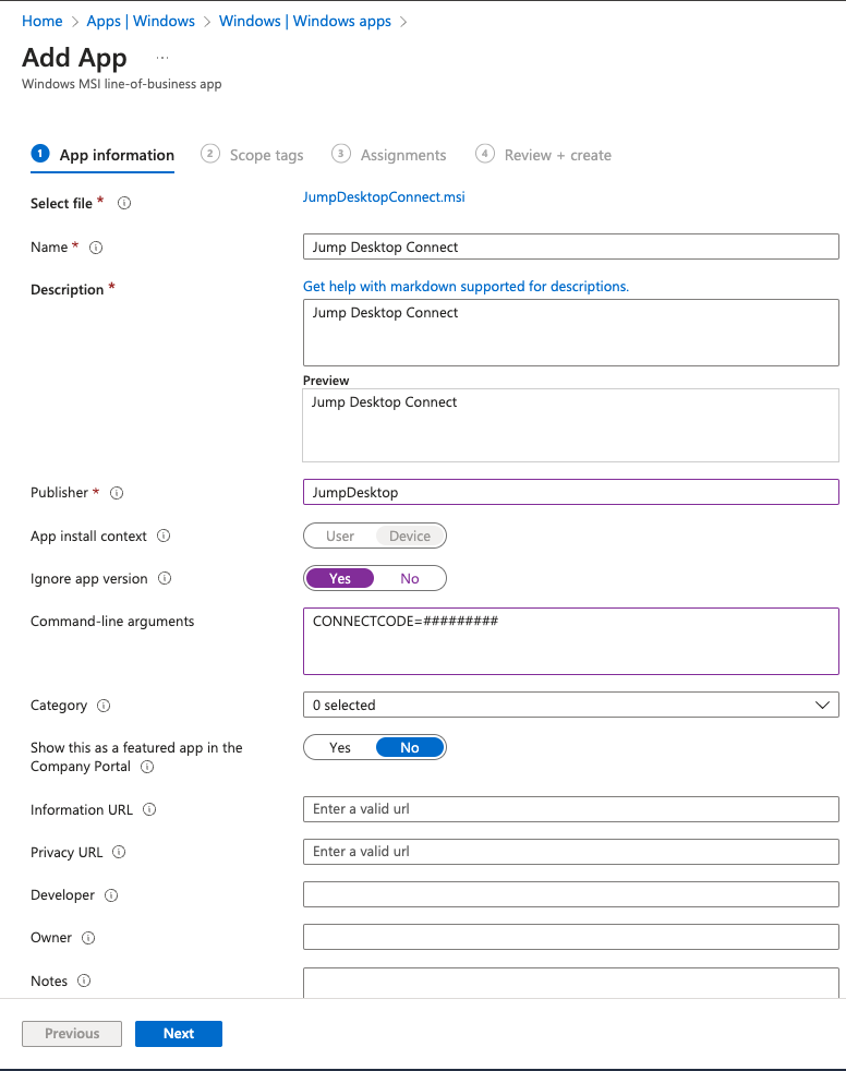 Add App information form with Publisher, Ignore app version, and Command-line arguments fields