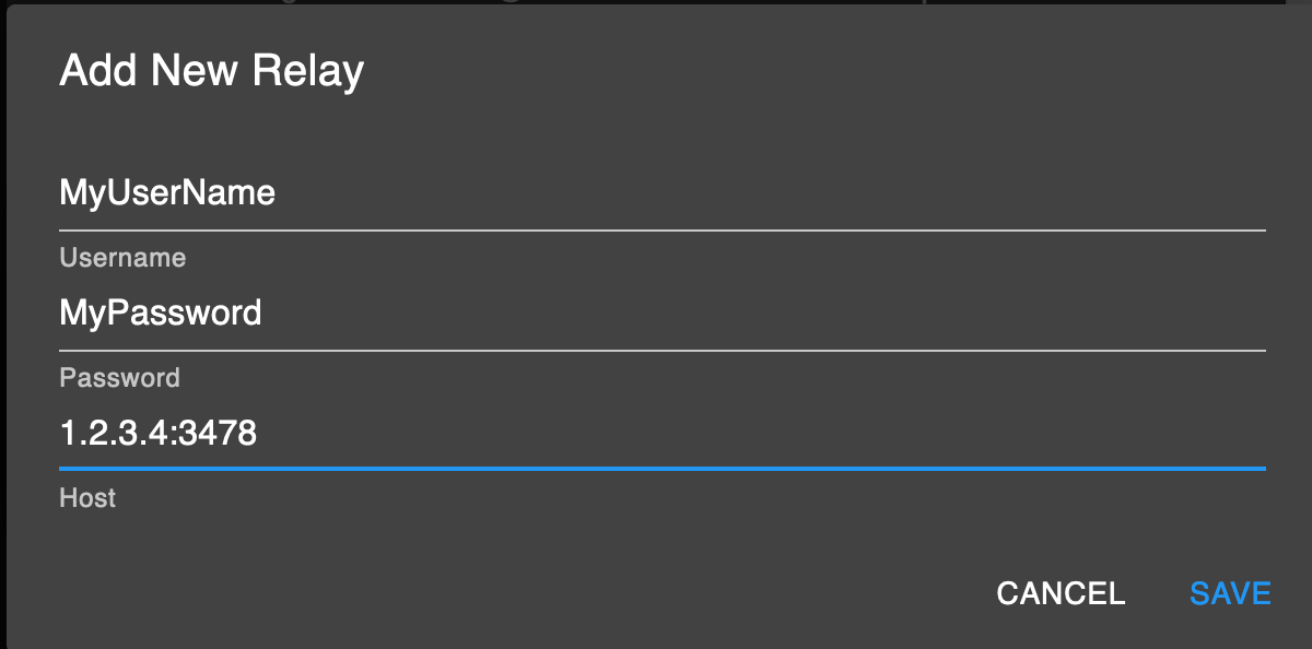 Add New Relay dialog with Username, Password, and Host fields
