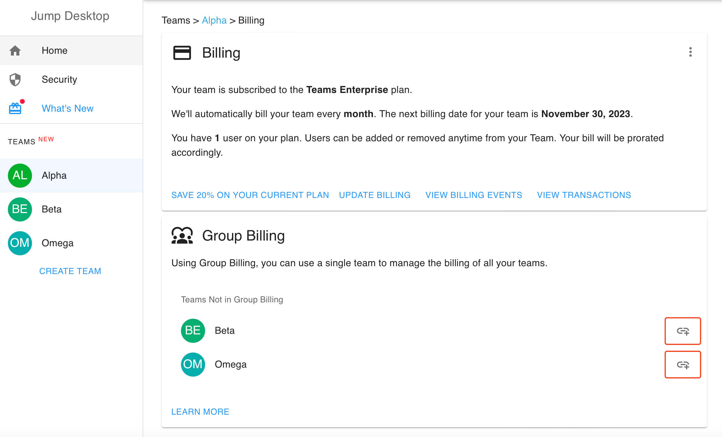 Group Billing card listing Teams Not in Group Billing, each with a link button