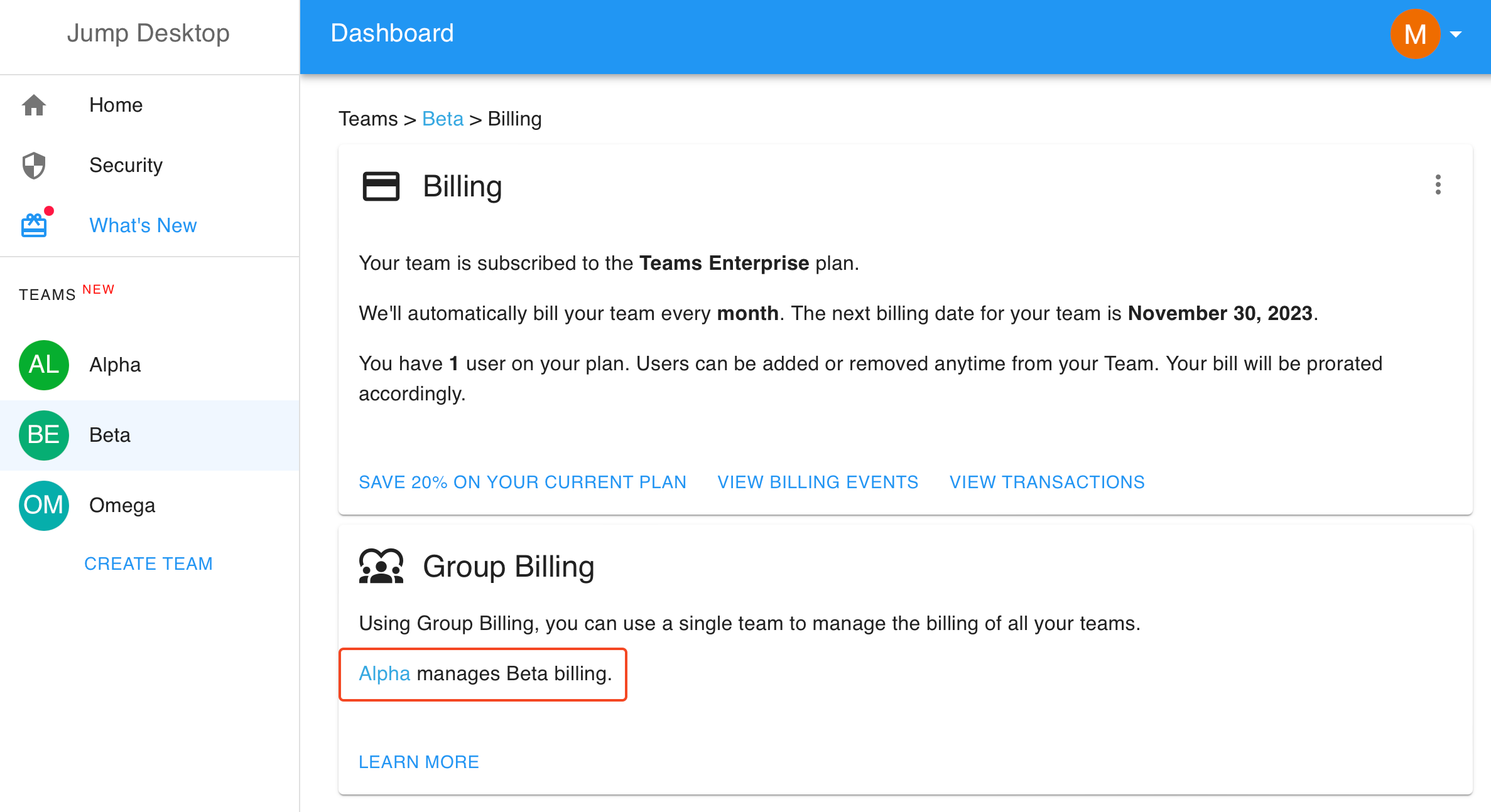 Added team's Group Billing card showing which team manages its billing