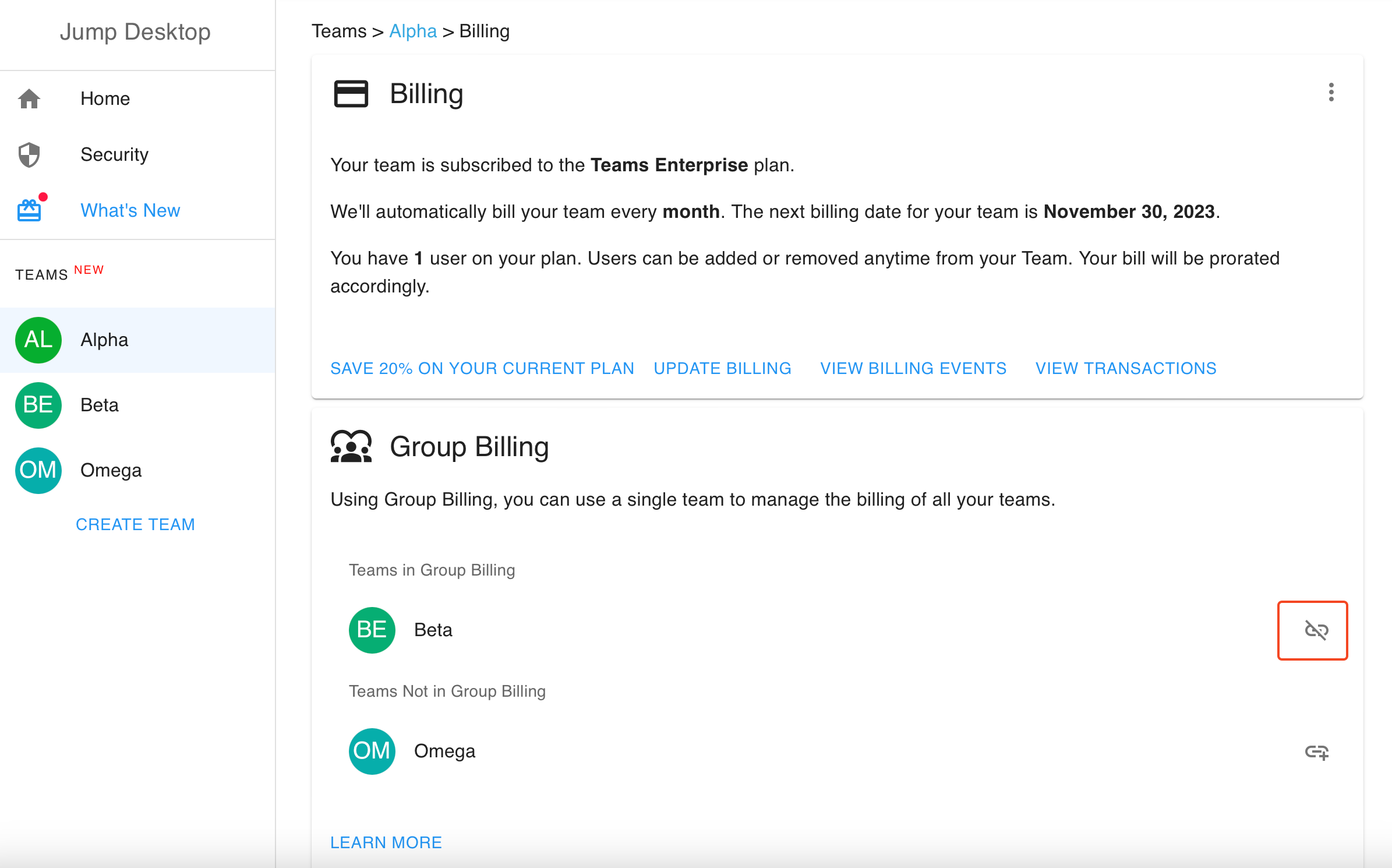 Group Billing card listing Teams in Group Billing with an unlink button