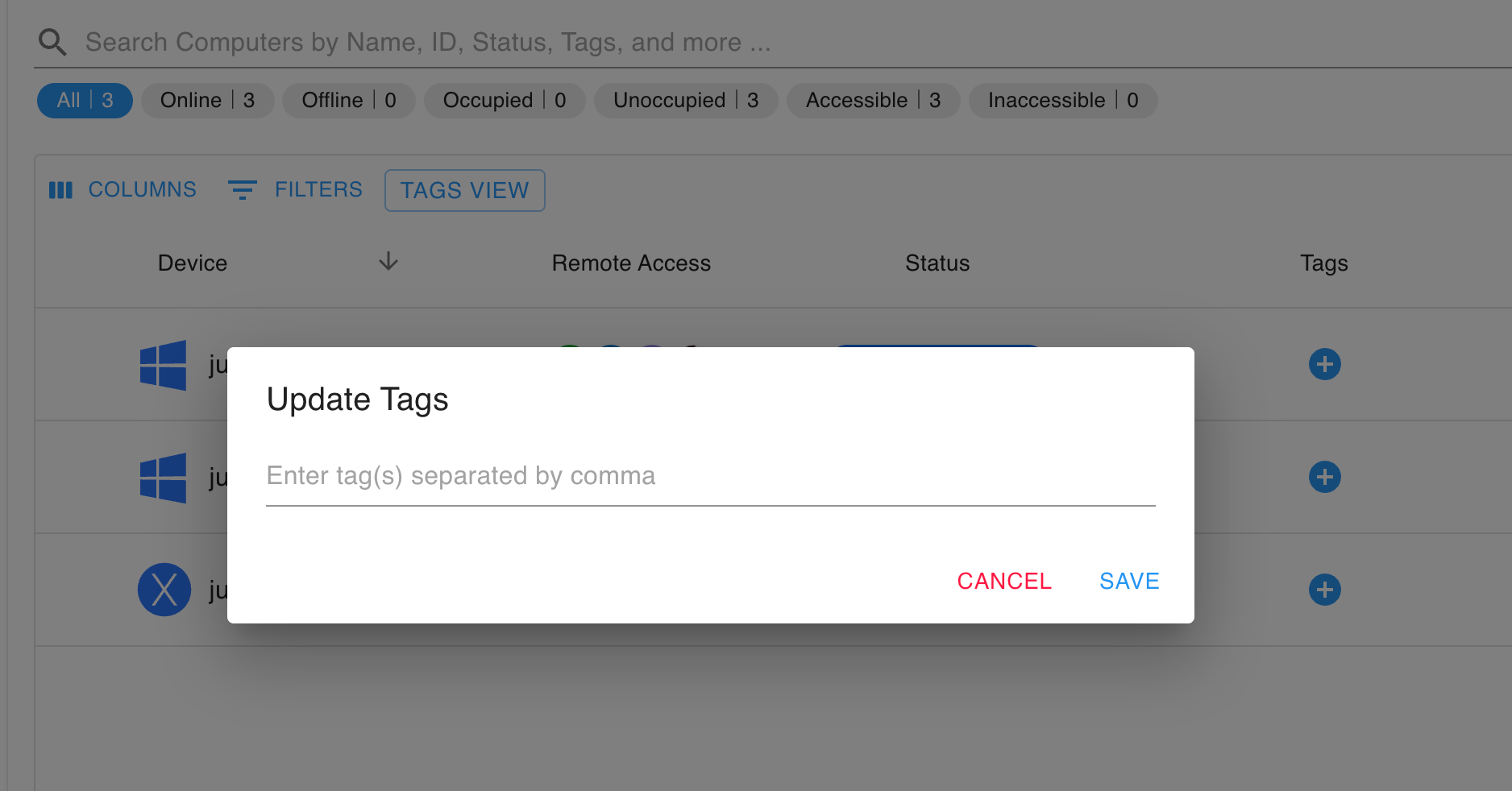 Update Tags dialog with a field for tags separated by commas