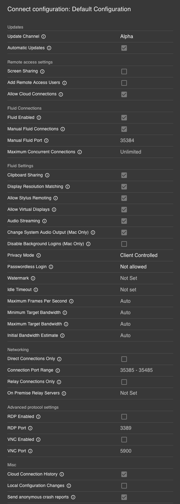 Connect configuration settings grouped by category