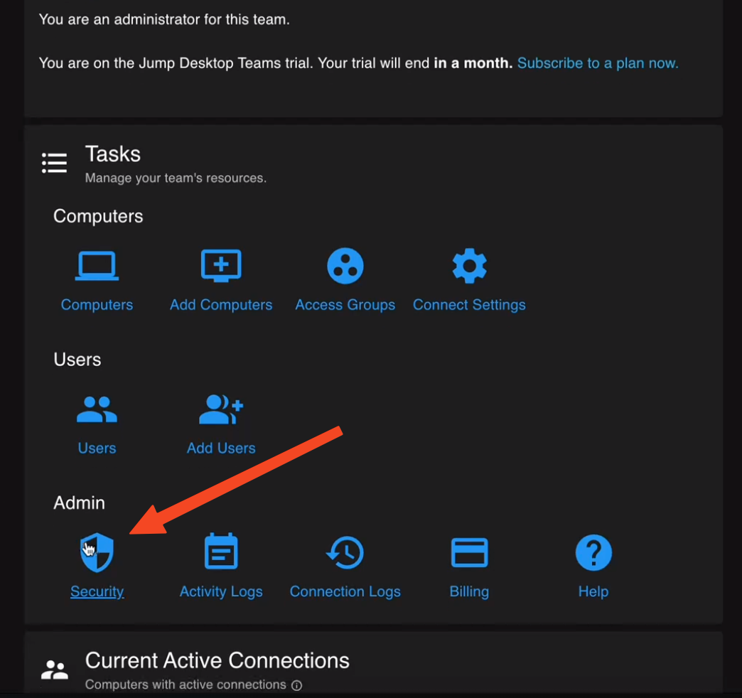 Team page with Security under Admin