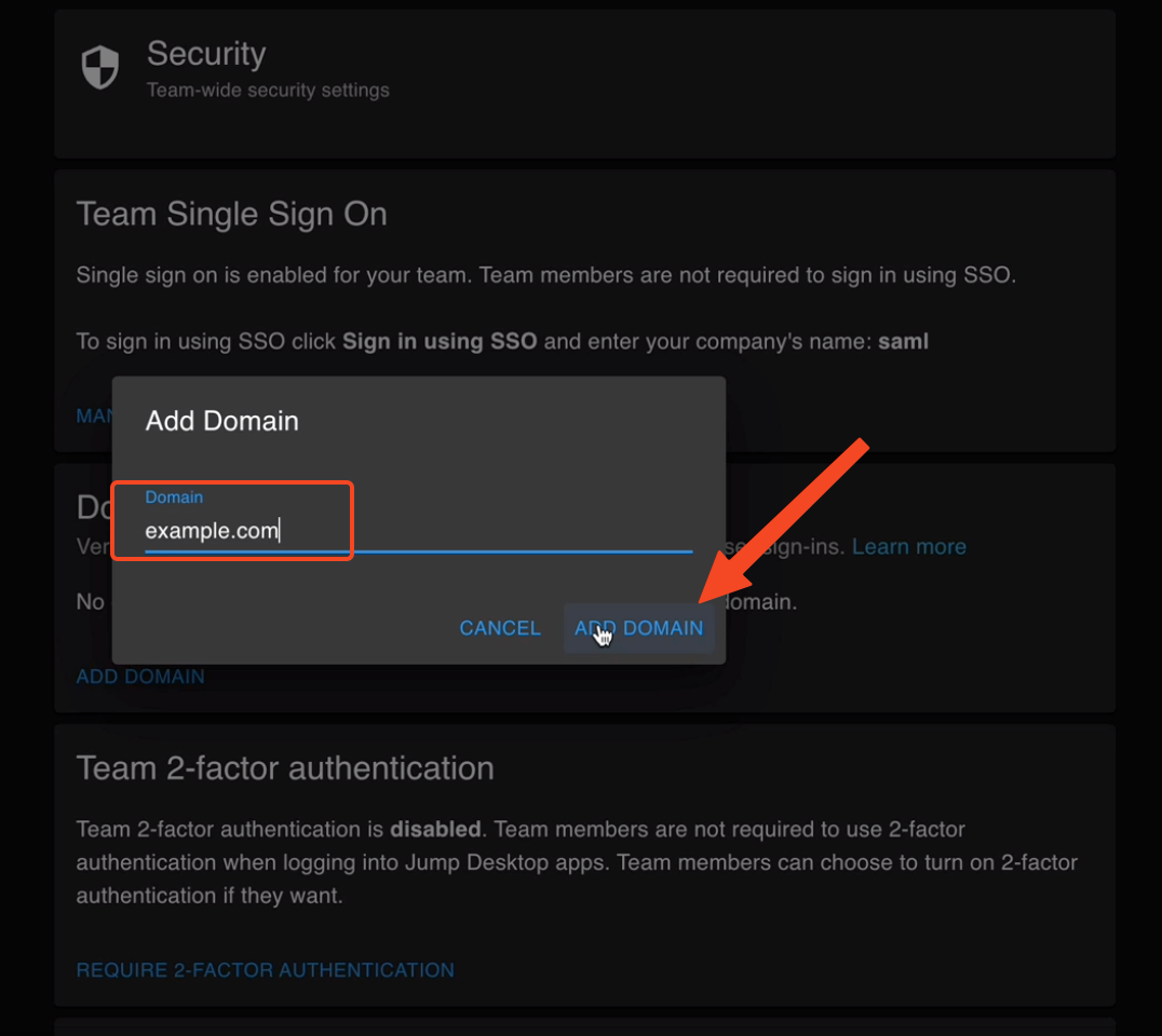 Add Domain dialog with example.com entered