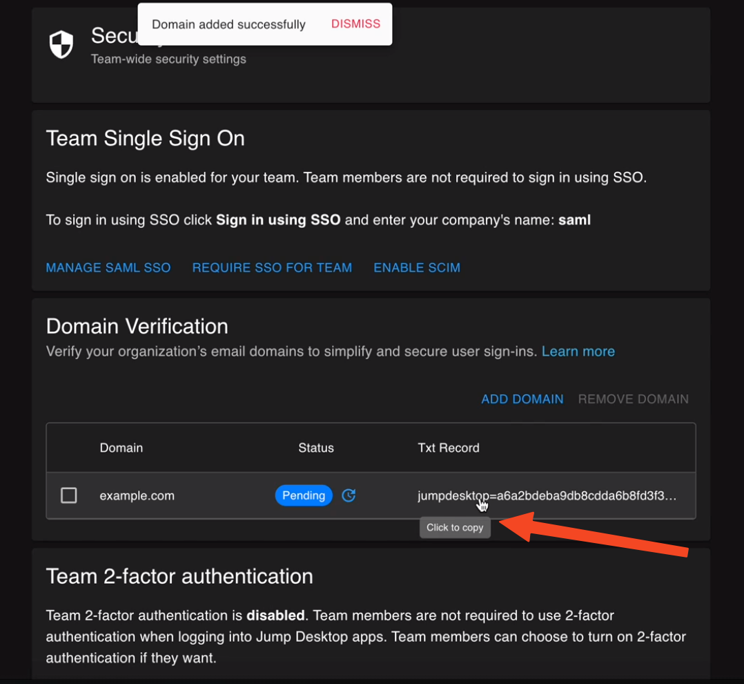 Domain table with example.com Pending and Click to copy on the Txt Record value