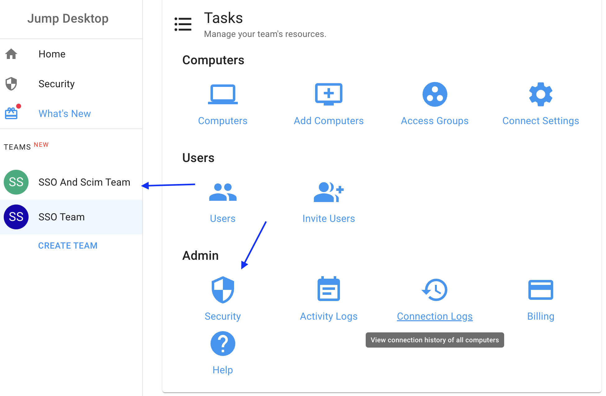 Team page with Security under Admin