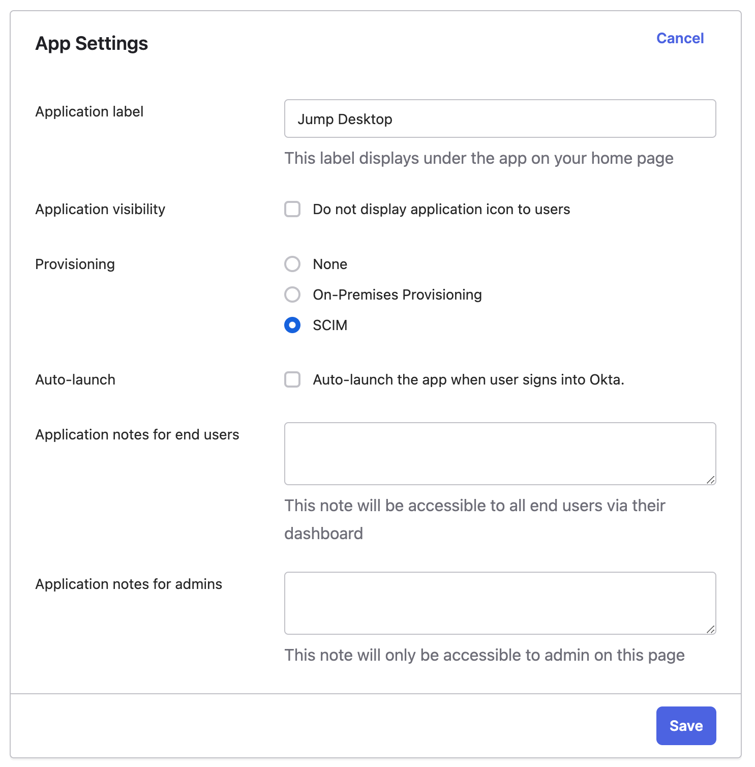 Okta App Settings with SCIM selected under Provisioning