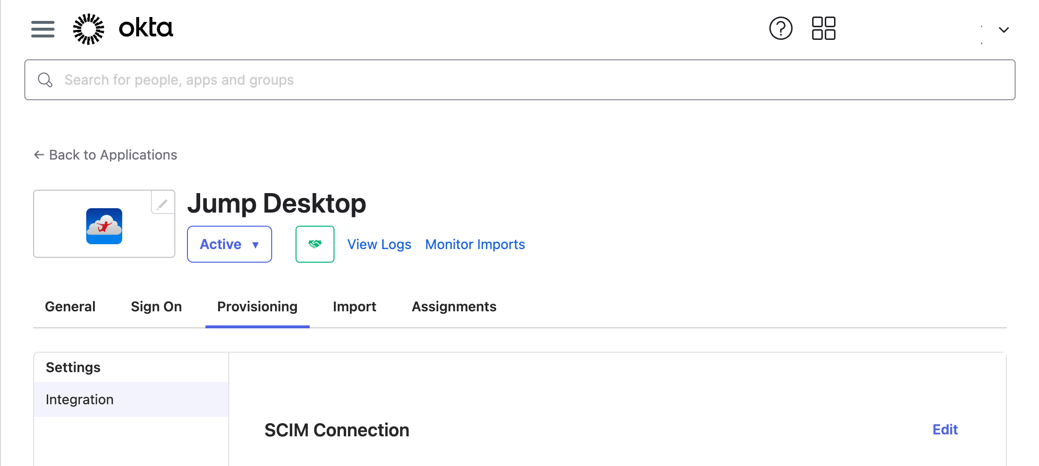 Okta Provisioning tab with Integration selected