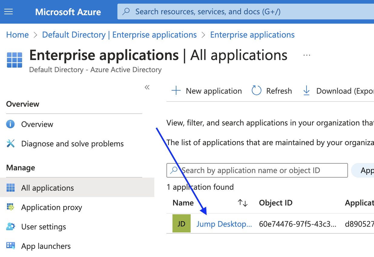 Enterprise applications list with the Jump Desktop app