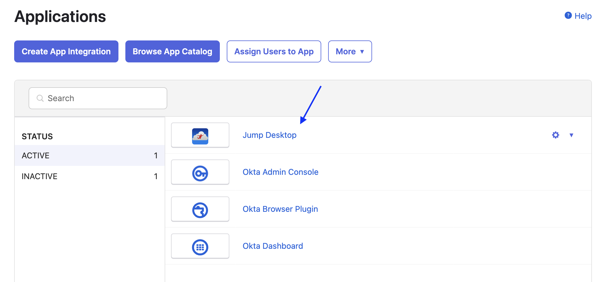 Okta Applications list with the Jump Desktop app