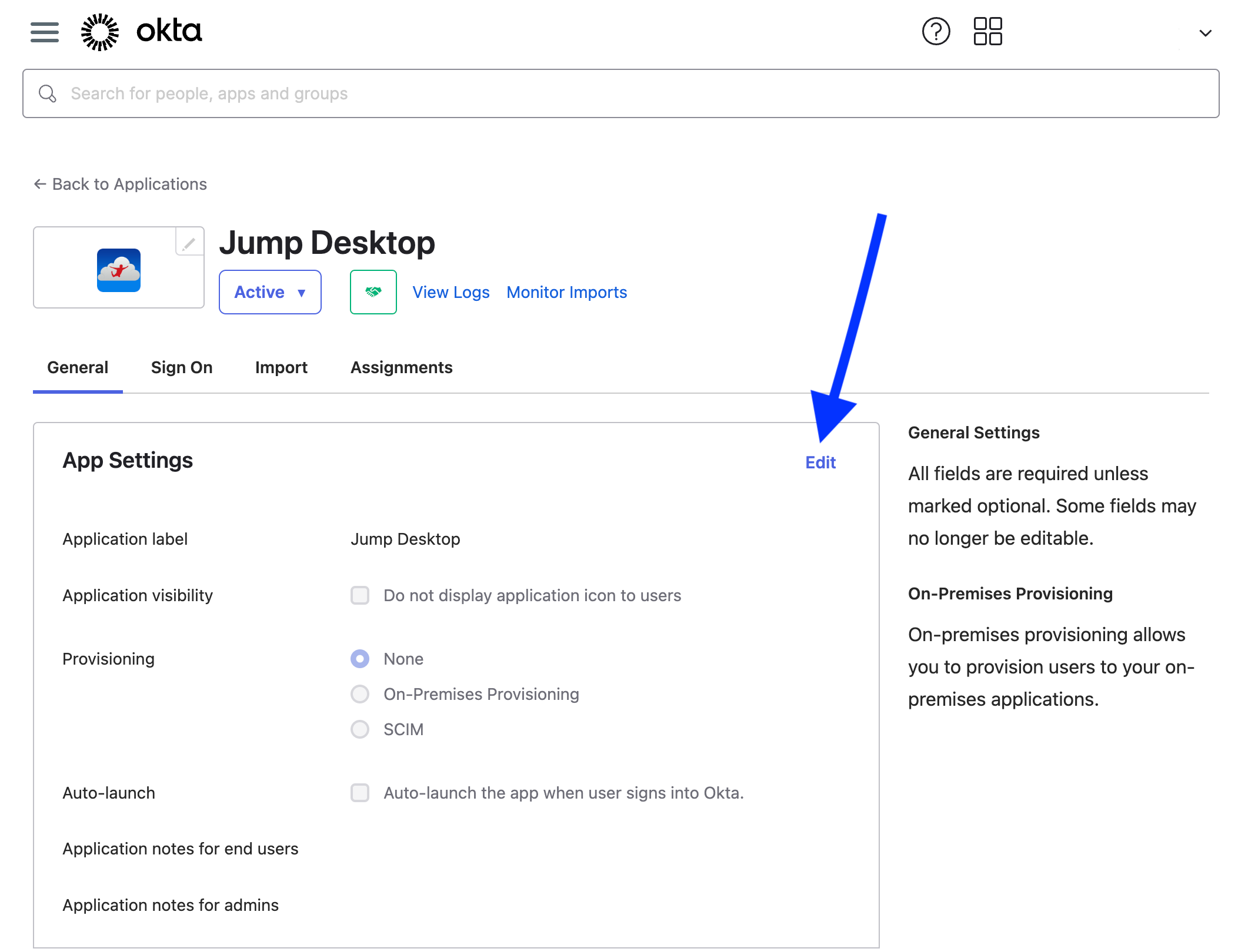 Okta Jump Desktop app General tab with App Settings Edit link