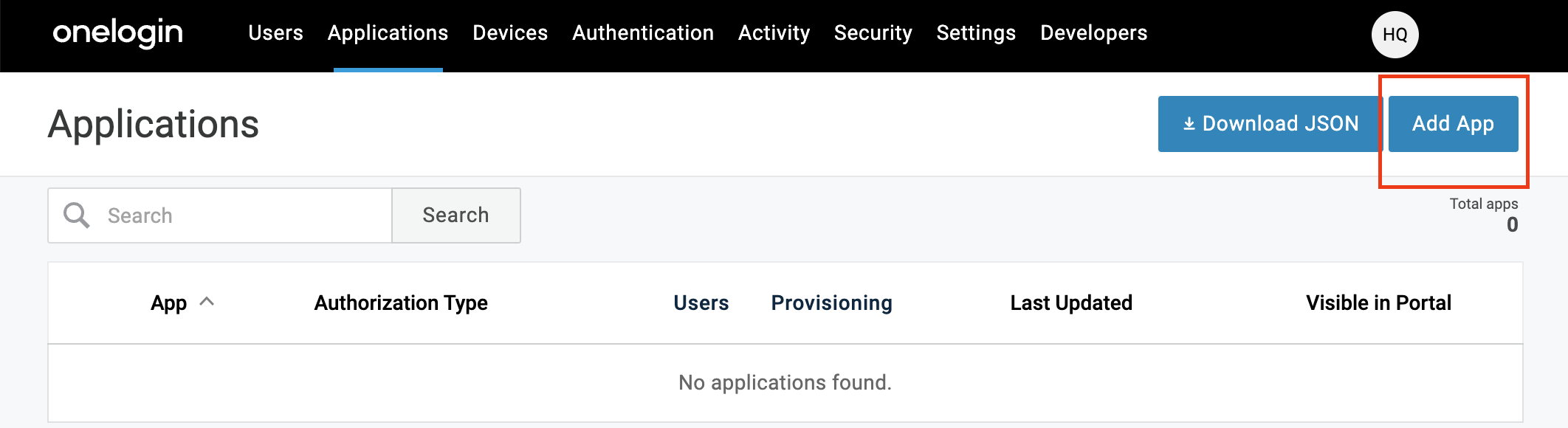 OneLogin Applications page with Add App button