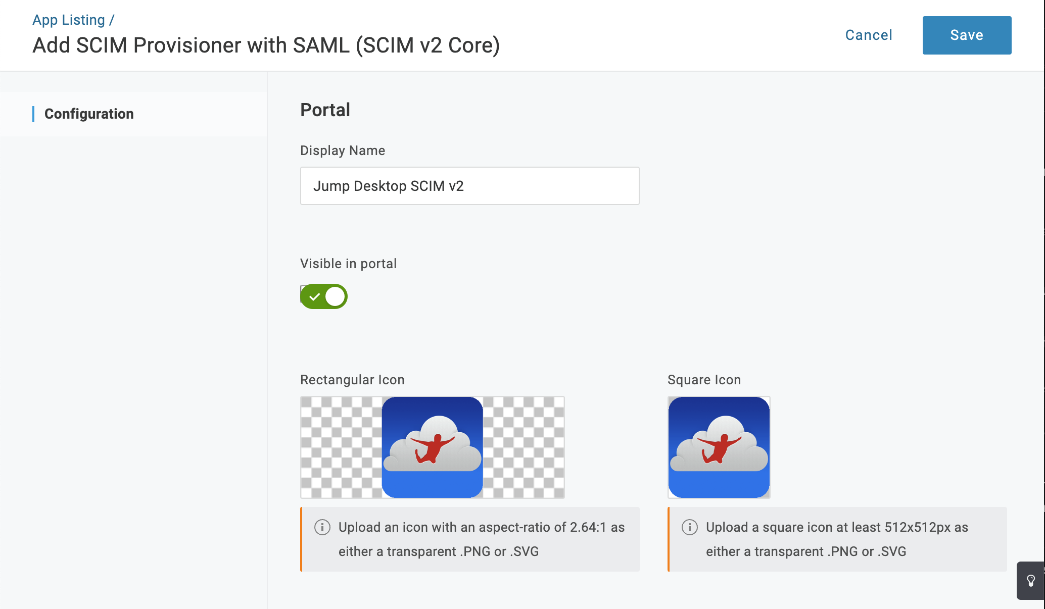 OneLogin Add SCIM Provisioner with SAML (SCIM v2 Core) page with display name and Save
