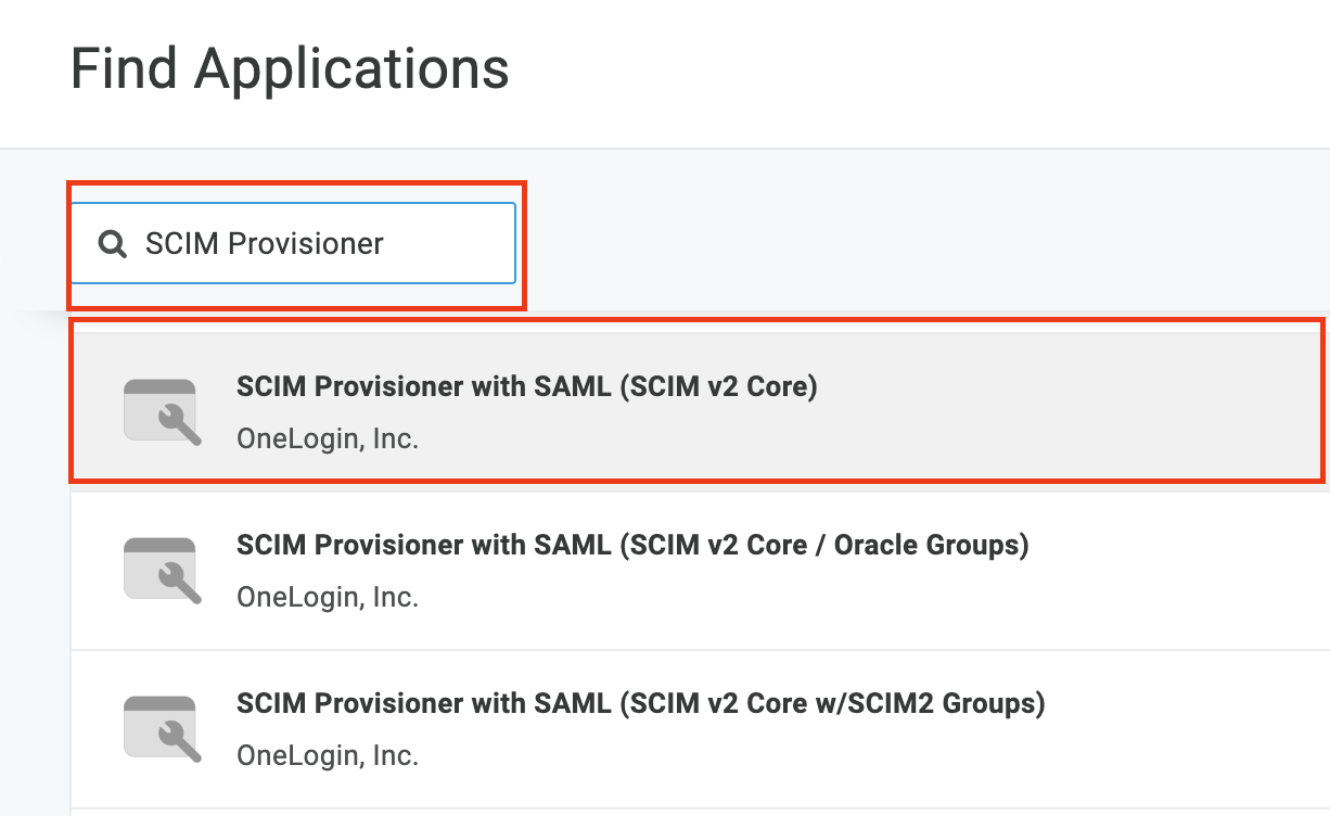 OneLogin Find Applications search showing SCIM Provisioner with SAML (SCIM v2 Core)