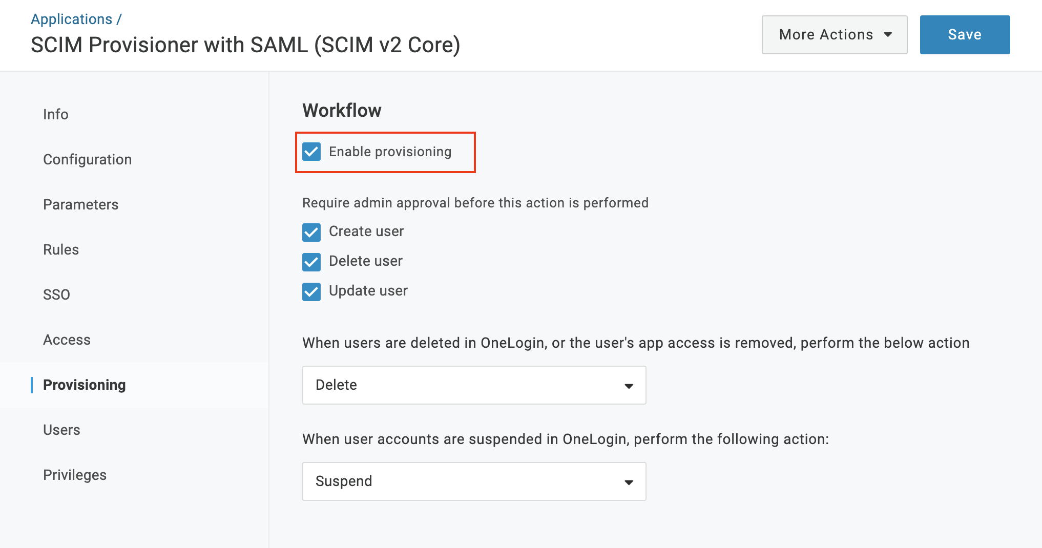 OneLogin Provisioning page with Enable provisioning selected