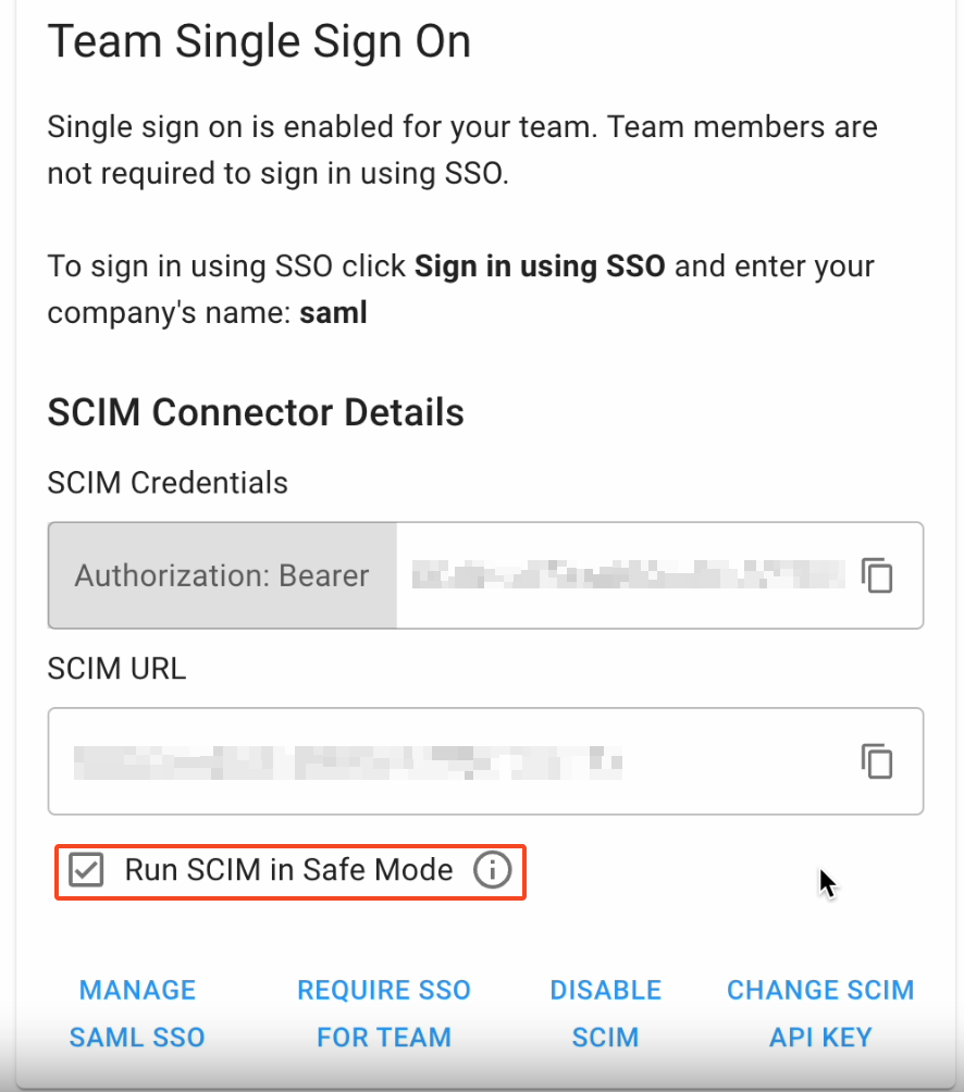 SCIM Connector Details with SCIM Credentials and SCIM URL fields and copy buttons