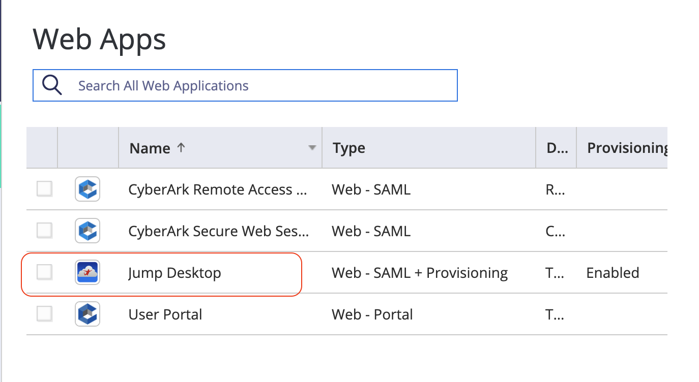 CyberArk Web Apps list with the Jump Desktop app