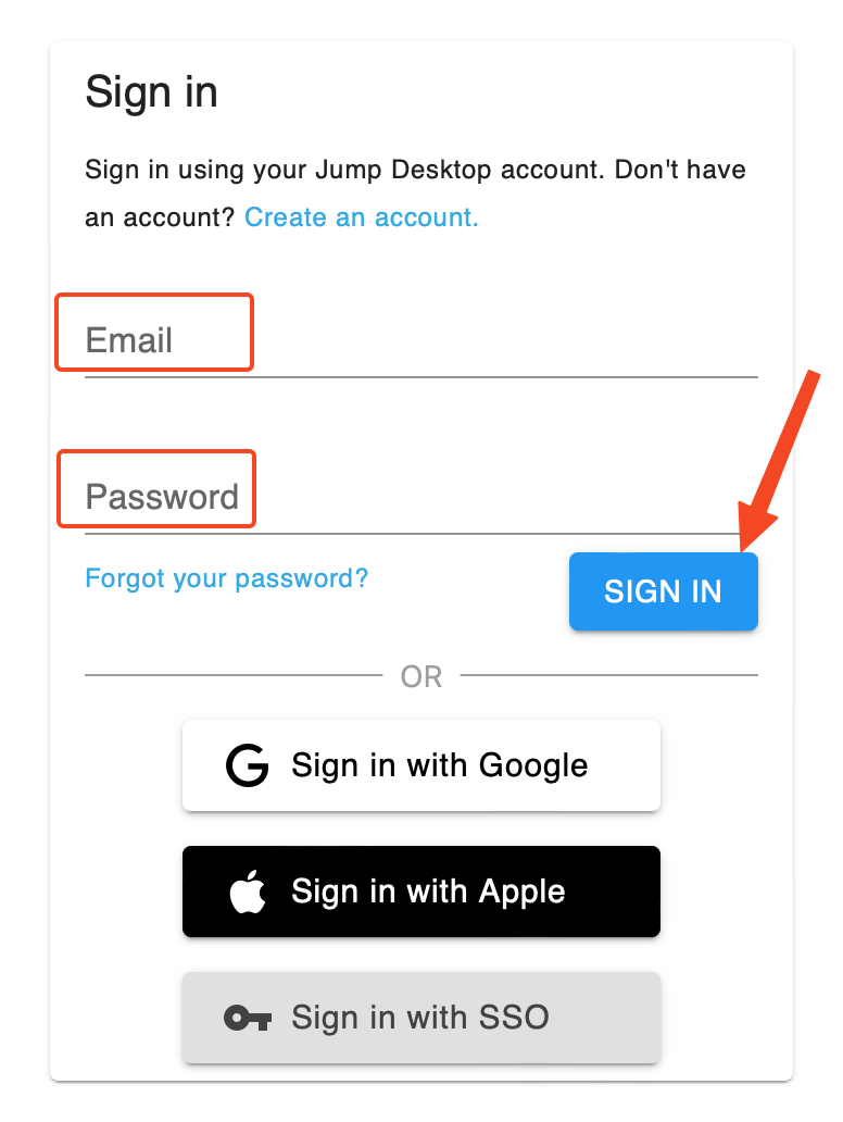 Jump Desktop sign-in page with email and password fields