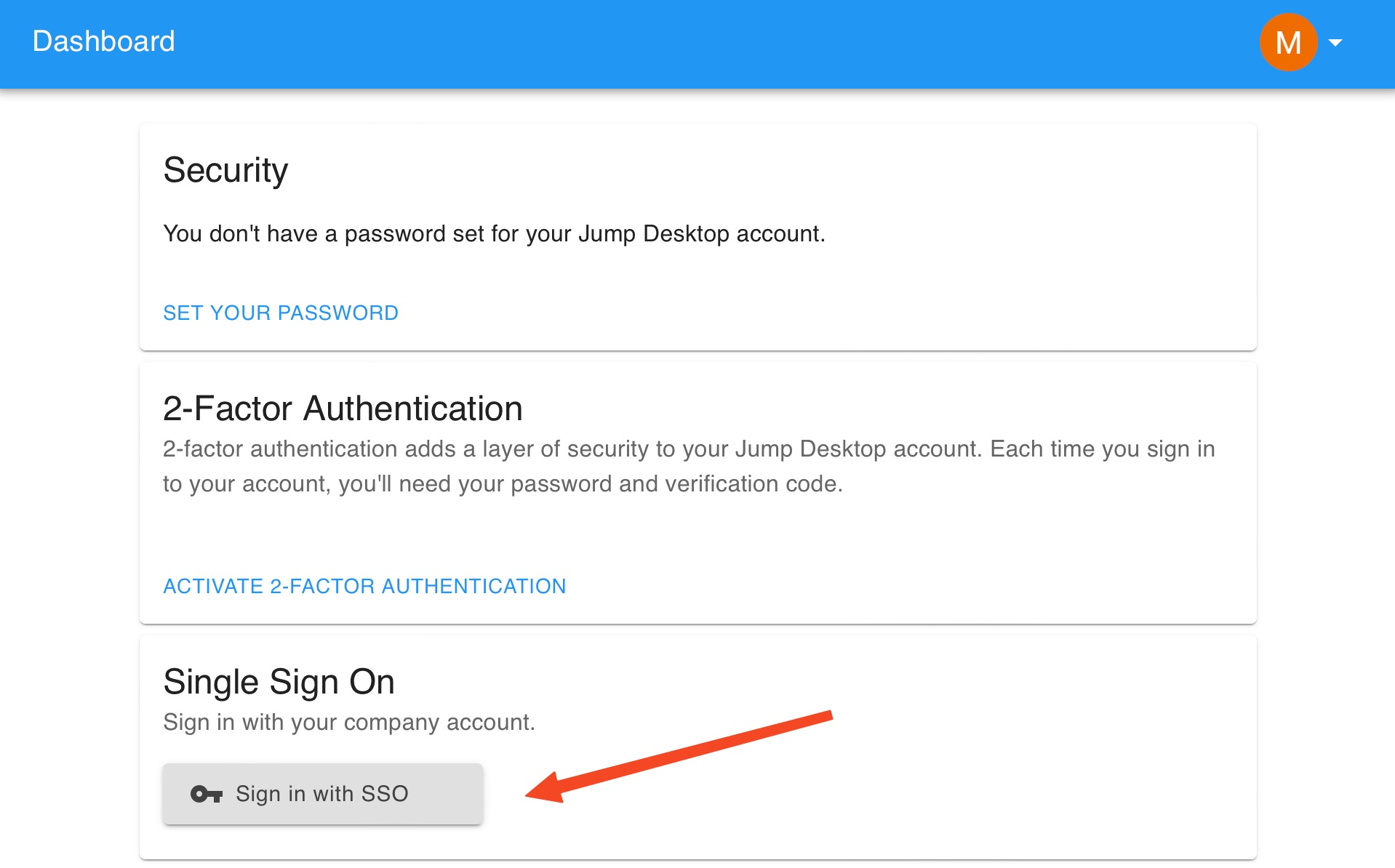 Account Security page with the Sign in with SSO button in the Single Sign On card