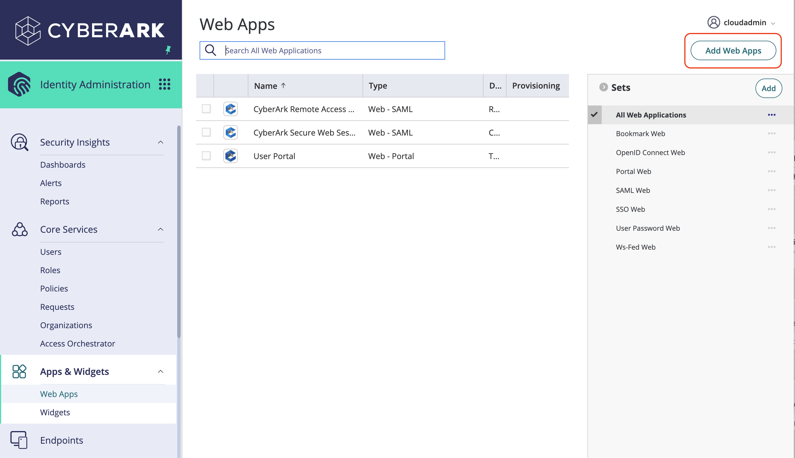 CyberArk Web Apps page with the Add Web Apps button