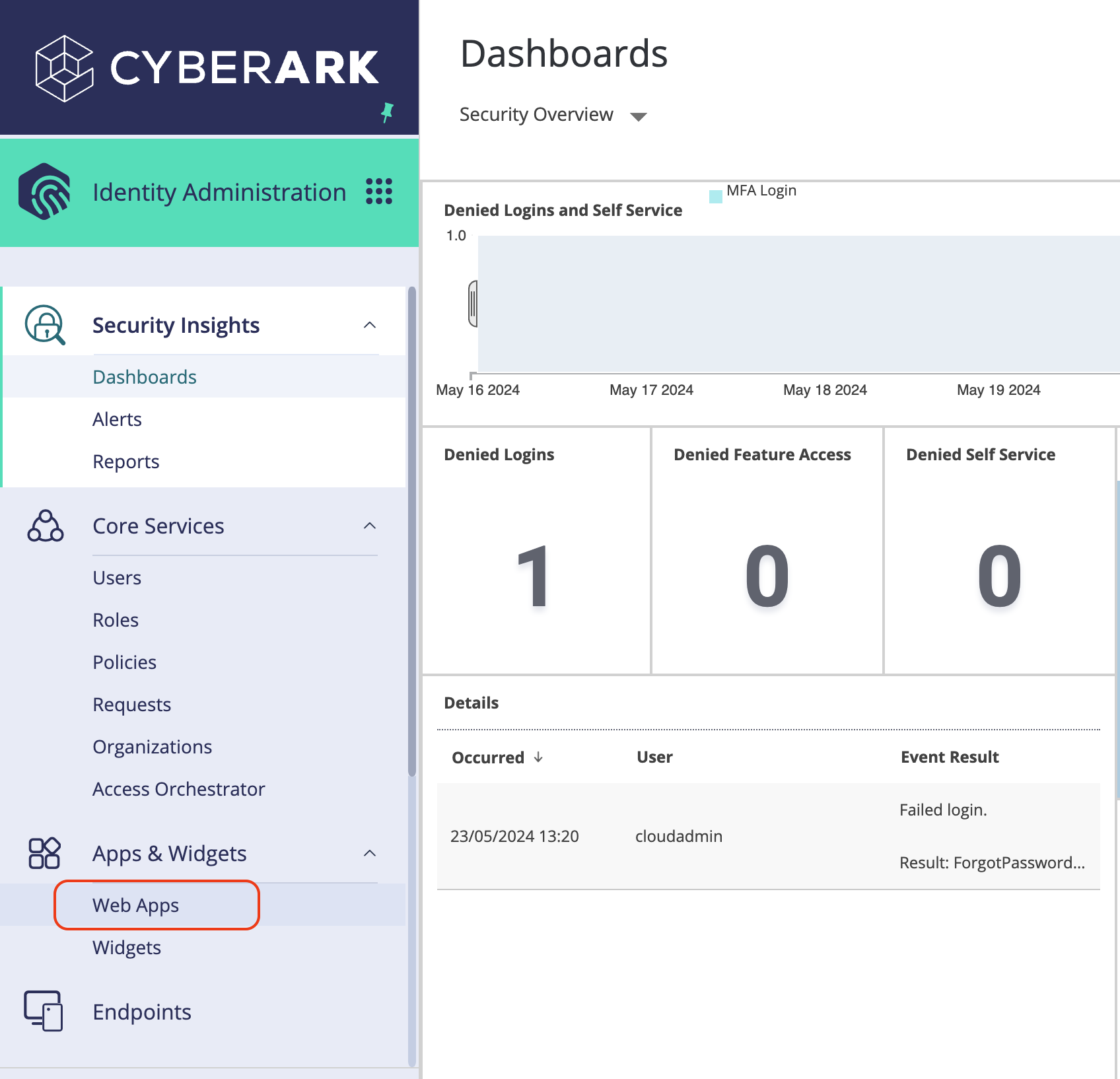 CyberArk Identity Administration menu with Web Apps under Apps & Widgets
