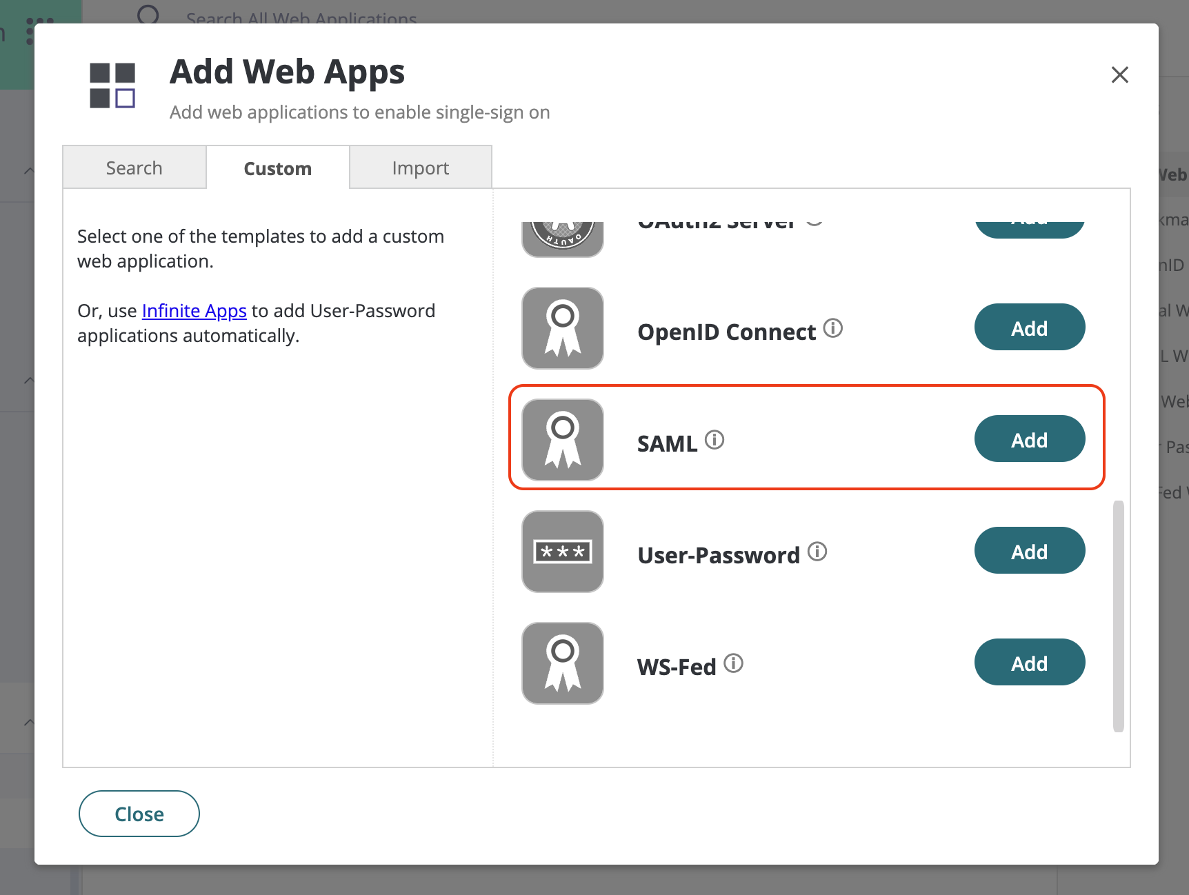 CyberArk Add Web Apps Custom tab with the SAML template