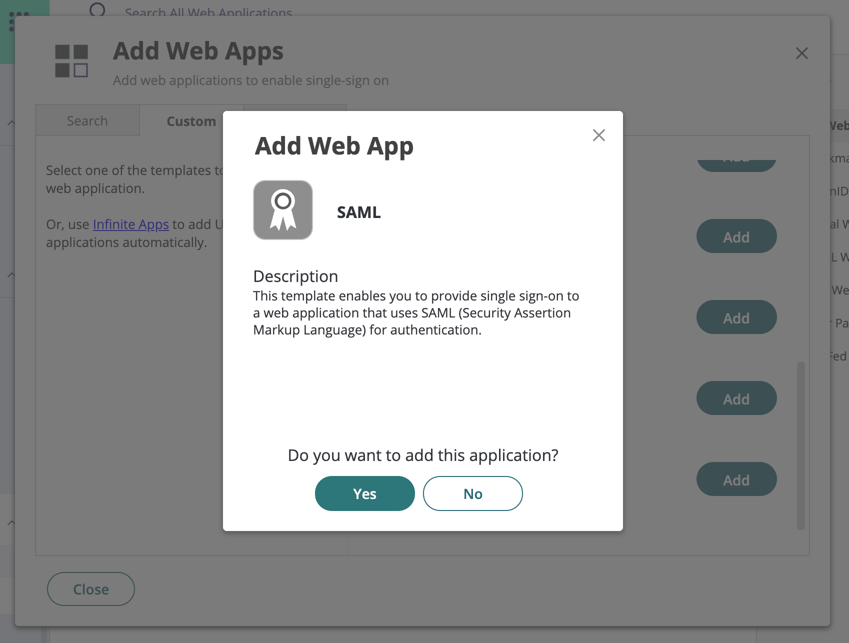 CyberArk confirmation to add the SAML web app