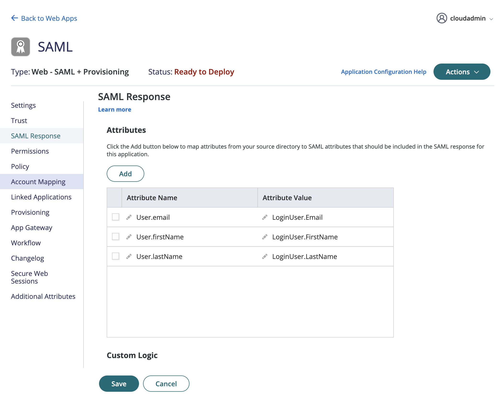 CyberArk SAML Response attributes User.email, User.firstName, and User.lastName