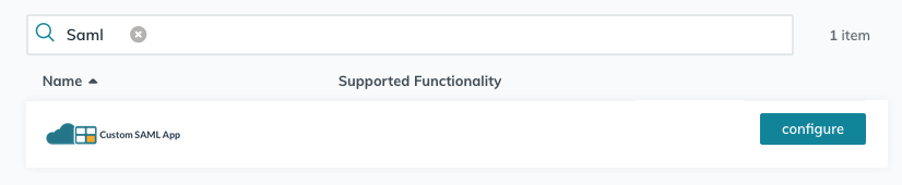 JumpCloud application search showing Custom SAML App with a configure button