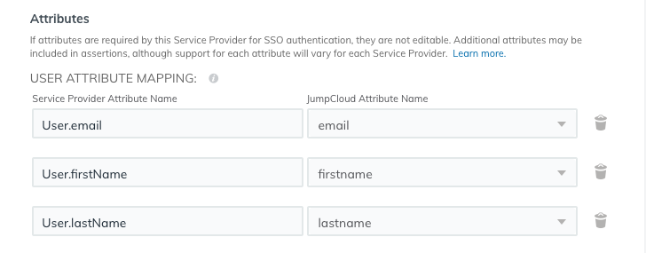 JumpCloud User Attribute Mapping for User.email, User.firstName, and User.lastName
