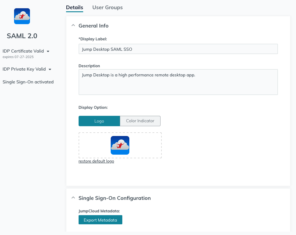 JumpCloud app details with the Export Metadata button