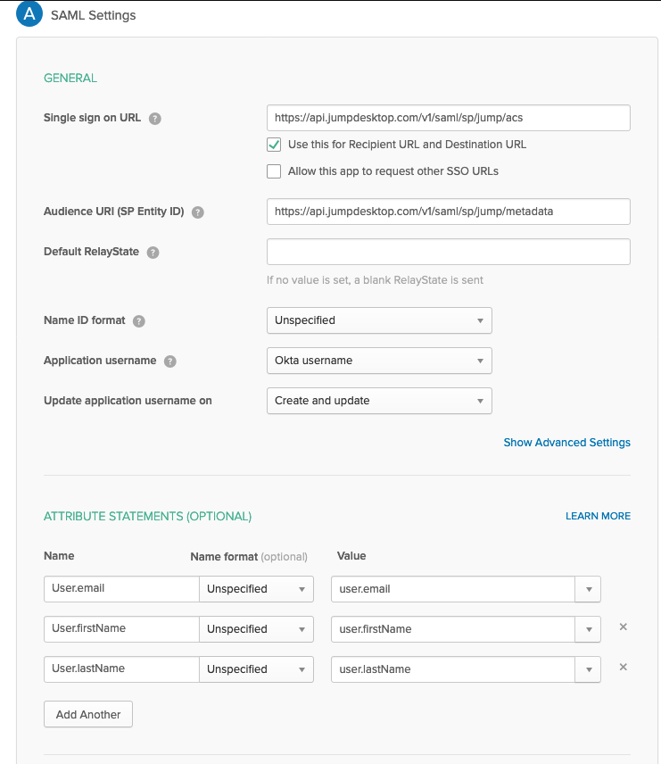 Okta SAML Settings with Single sign on URL, Audience URI, and User.email, User.firstName, and User.lastName attribute statements