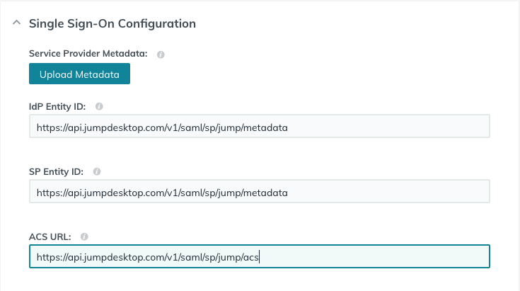 JumpCloud Single Sign-On Configuration with IdP Entity ID, SP Entity ID, and ACS URL filled in