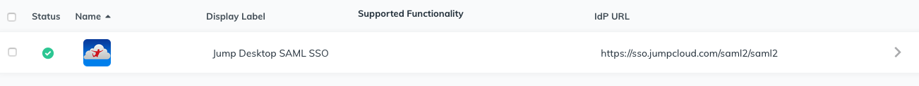 JumpCloud applications list showing the new SAML app as active