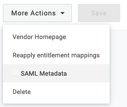 OneLogin More Actions menu with SAML Metadata