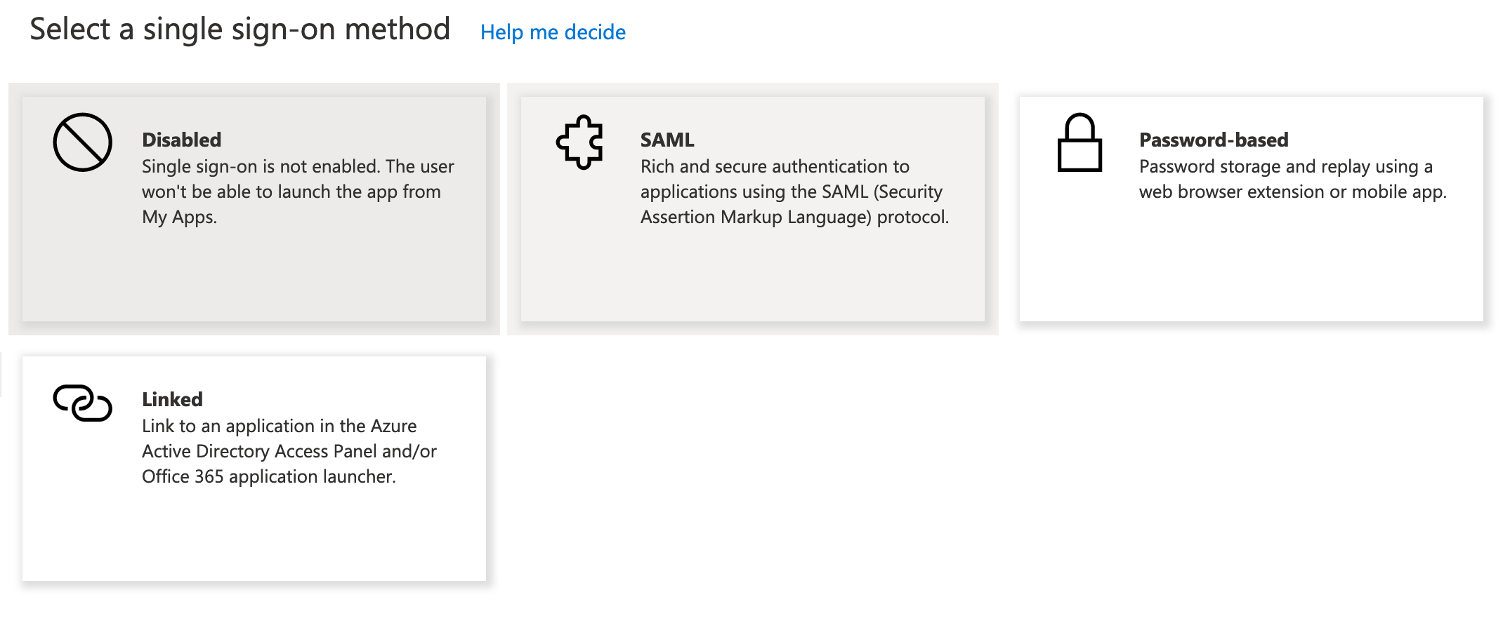 Microsoft Entra ID Select a single sign-on method page with the SAML option