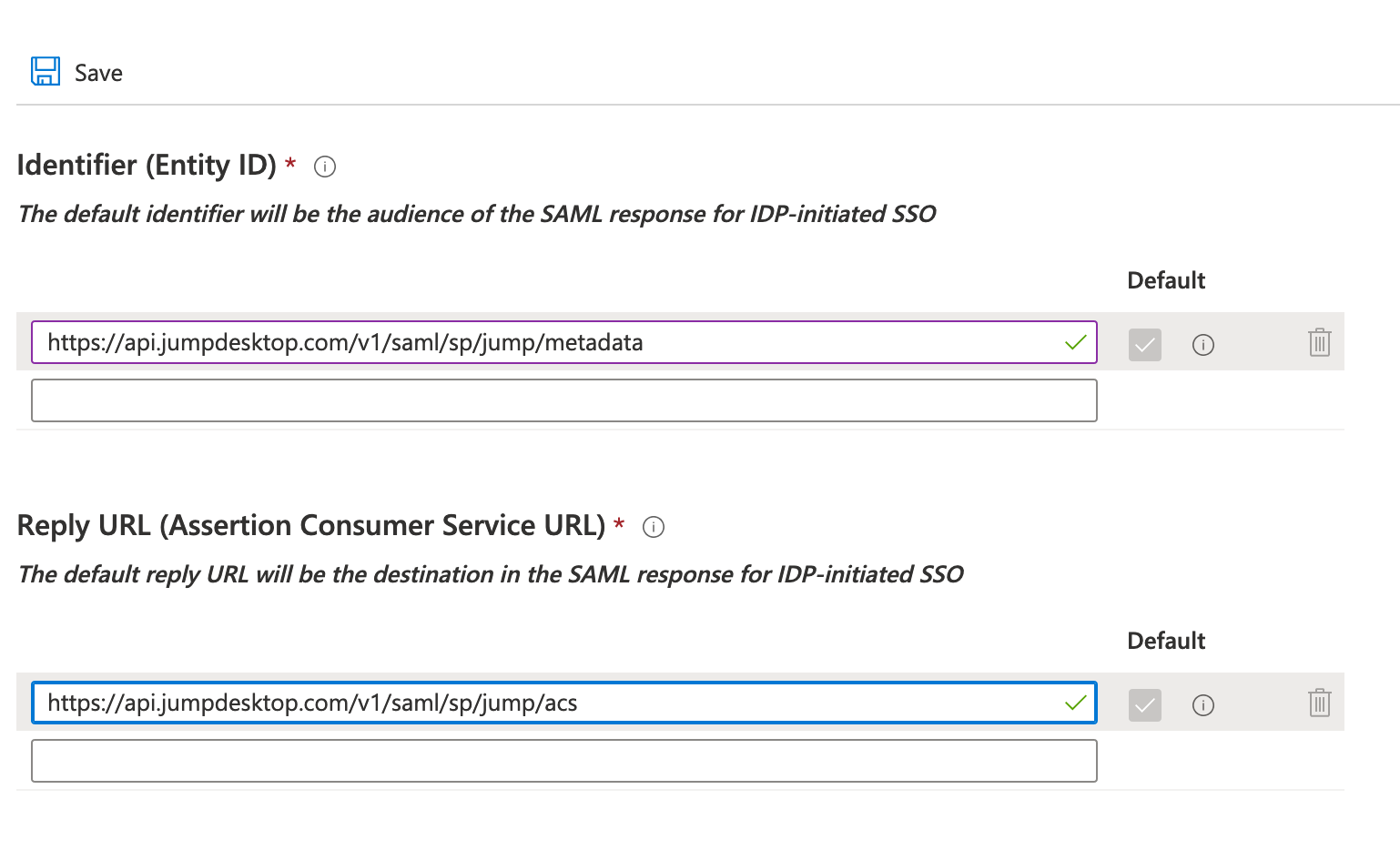 Basic SAML Configuration with Identifier (Entity ID) and Reply URL filled in