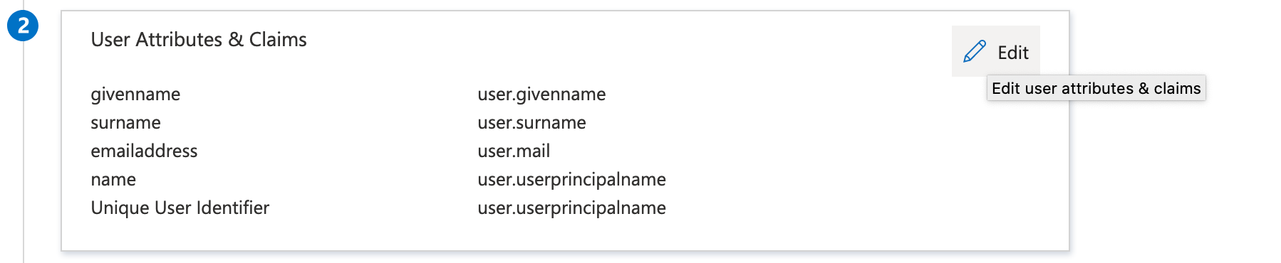 User Attributes & Claims card with the Edit button