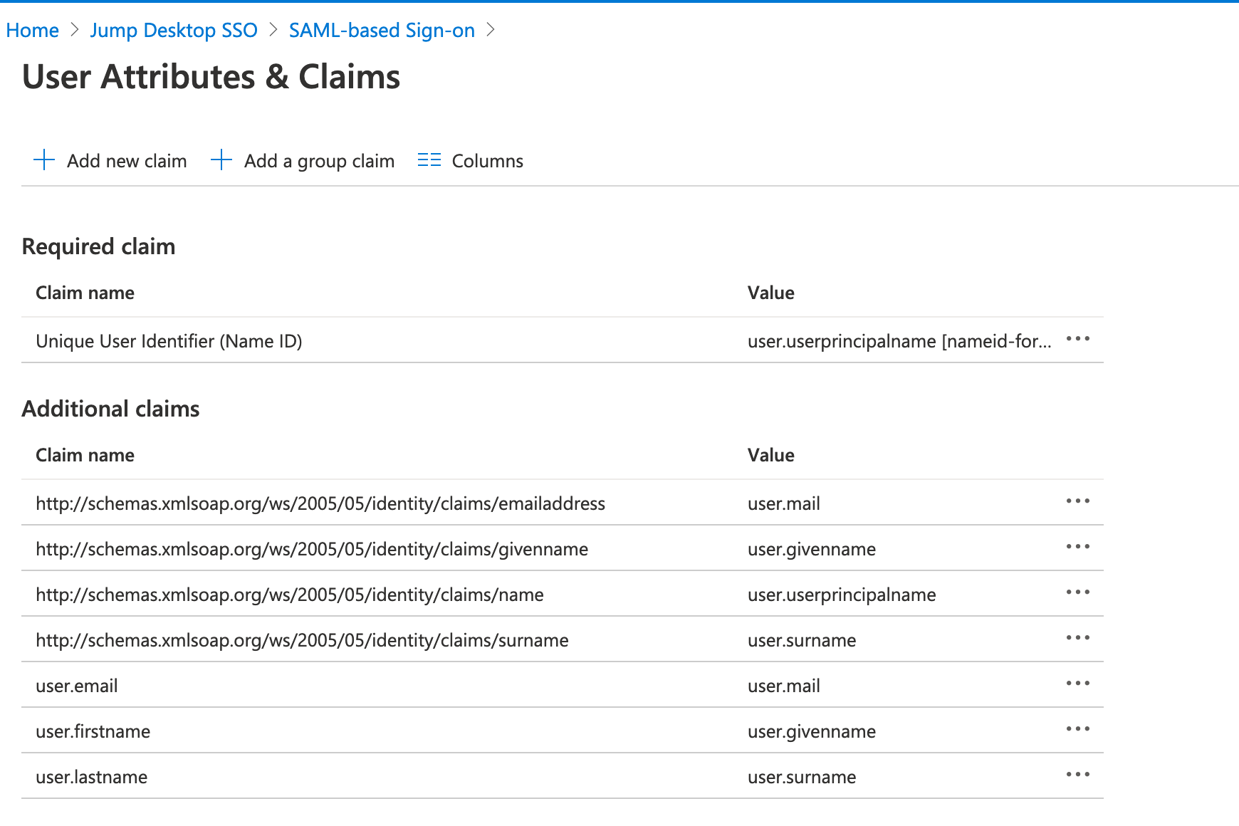 User Attributes & Claims page listing the user.email, user.firstname, and user.lastname claims