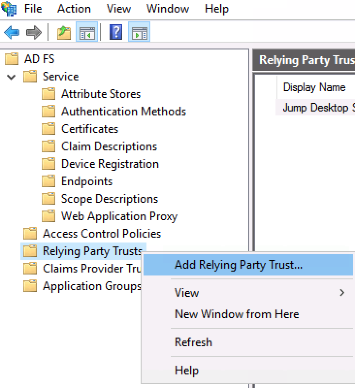 AD FS Management with Add Relying Party Trust in the Relying Party Trusts menu
