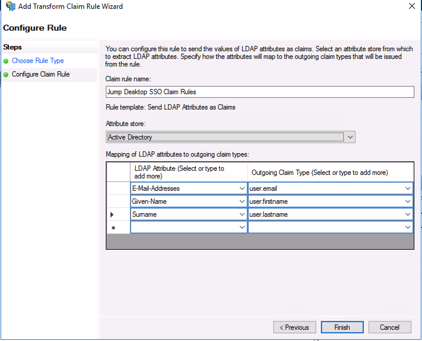 Send LDAP Attributes as Claims rule mapping E-Mail-Addresses, Given-Name, and Surname